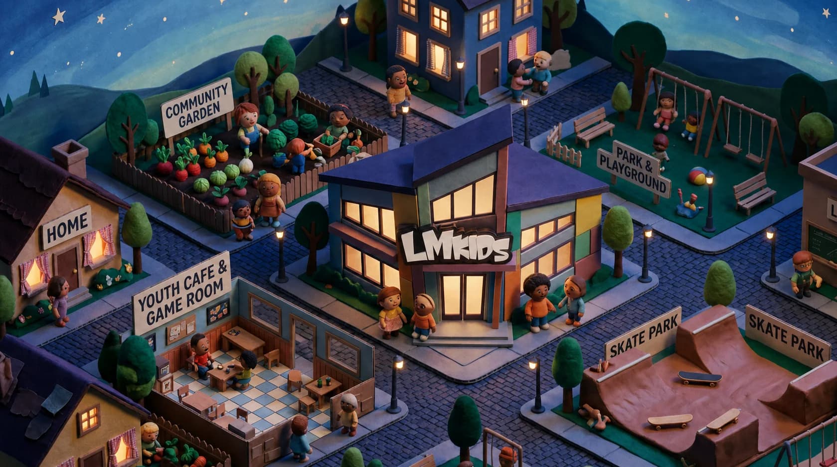 An illustrated LM Kids neighborhood with homes, a community garden, playground, school, youth space, and skate park at night.