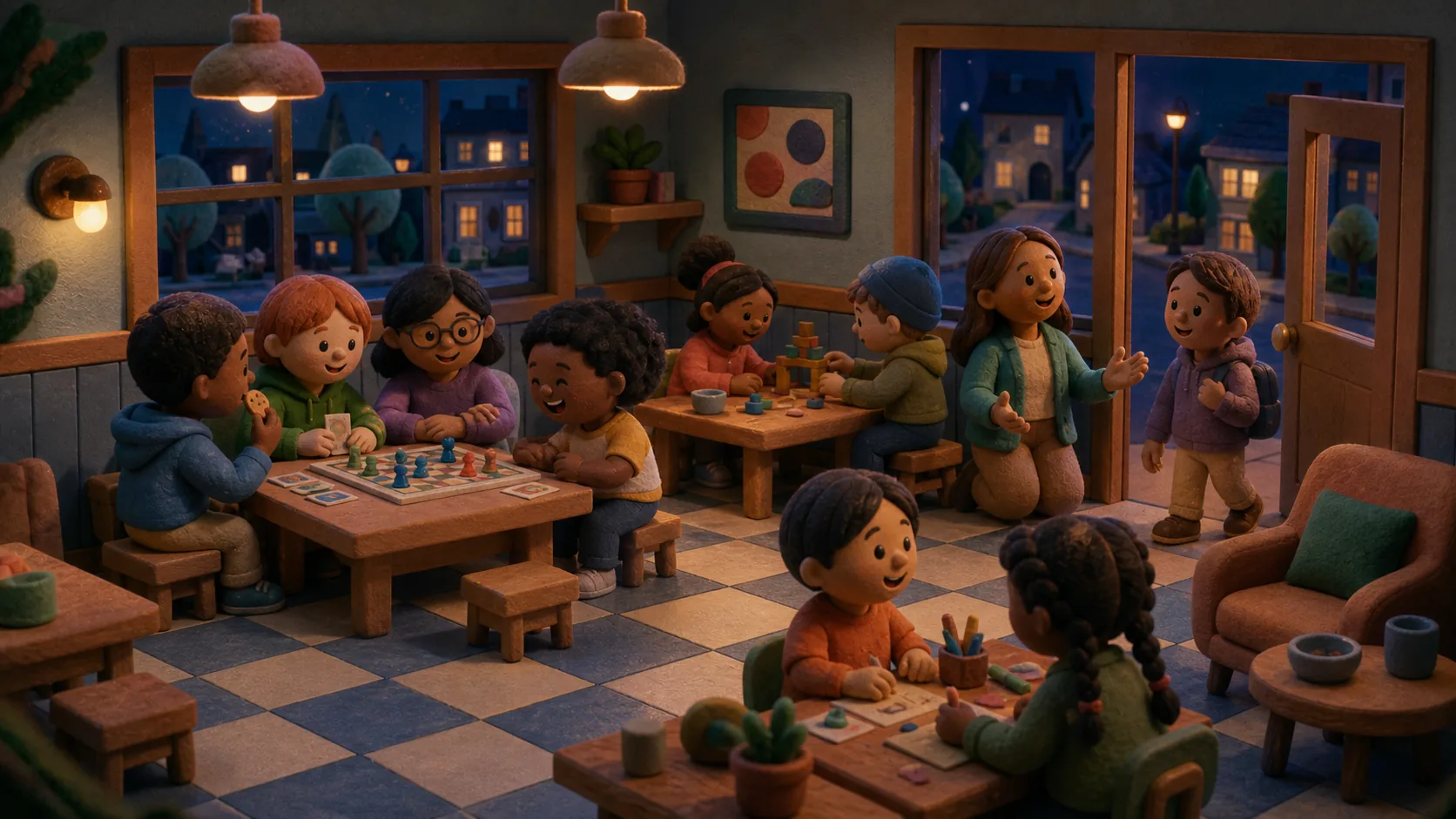 Illustrated children playing games, building, and welcoming a friend in the LM Kids neighborhood café and game room.