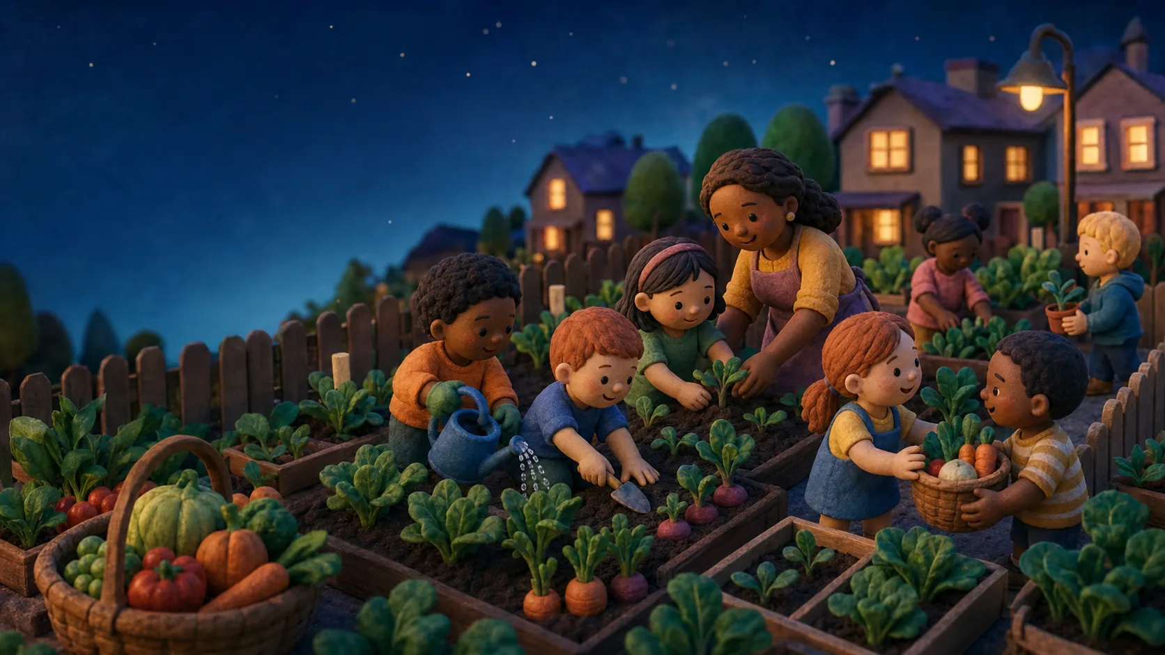 Illustrated children planting, watering, and sharing produce in the LM Kids neighborhood garden.