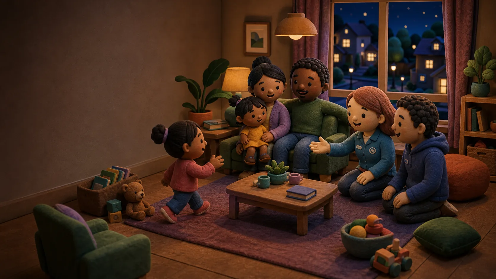 Illustrated children, family members, and leaders talking together in a warm neighborhood home.