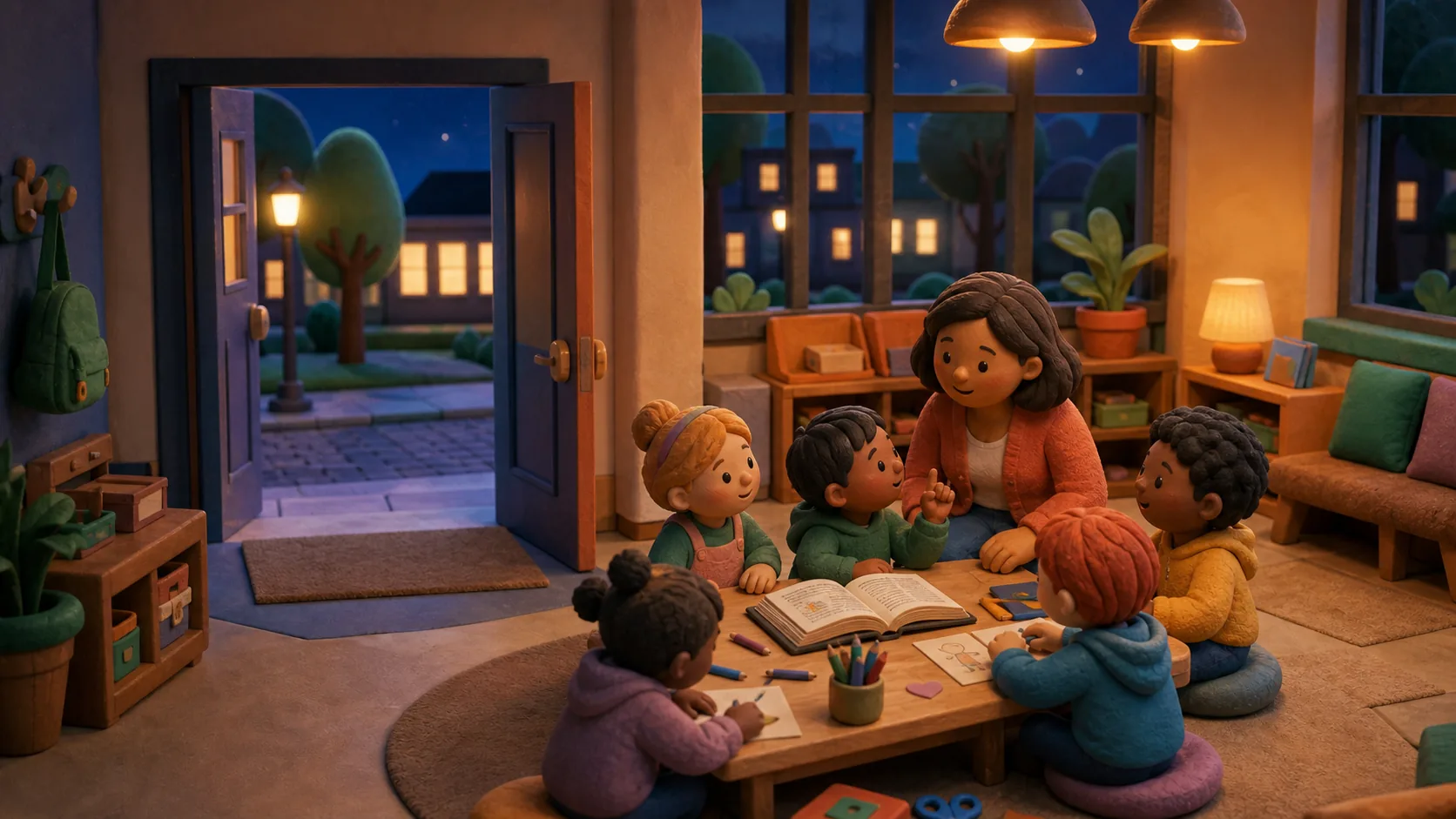 Illustrated children learning together around a table in the LM Kids neighborhood school.