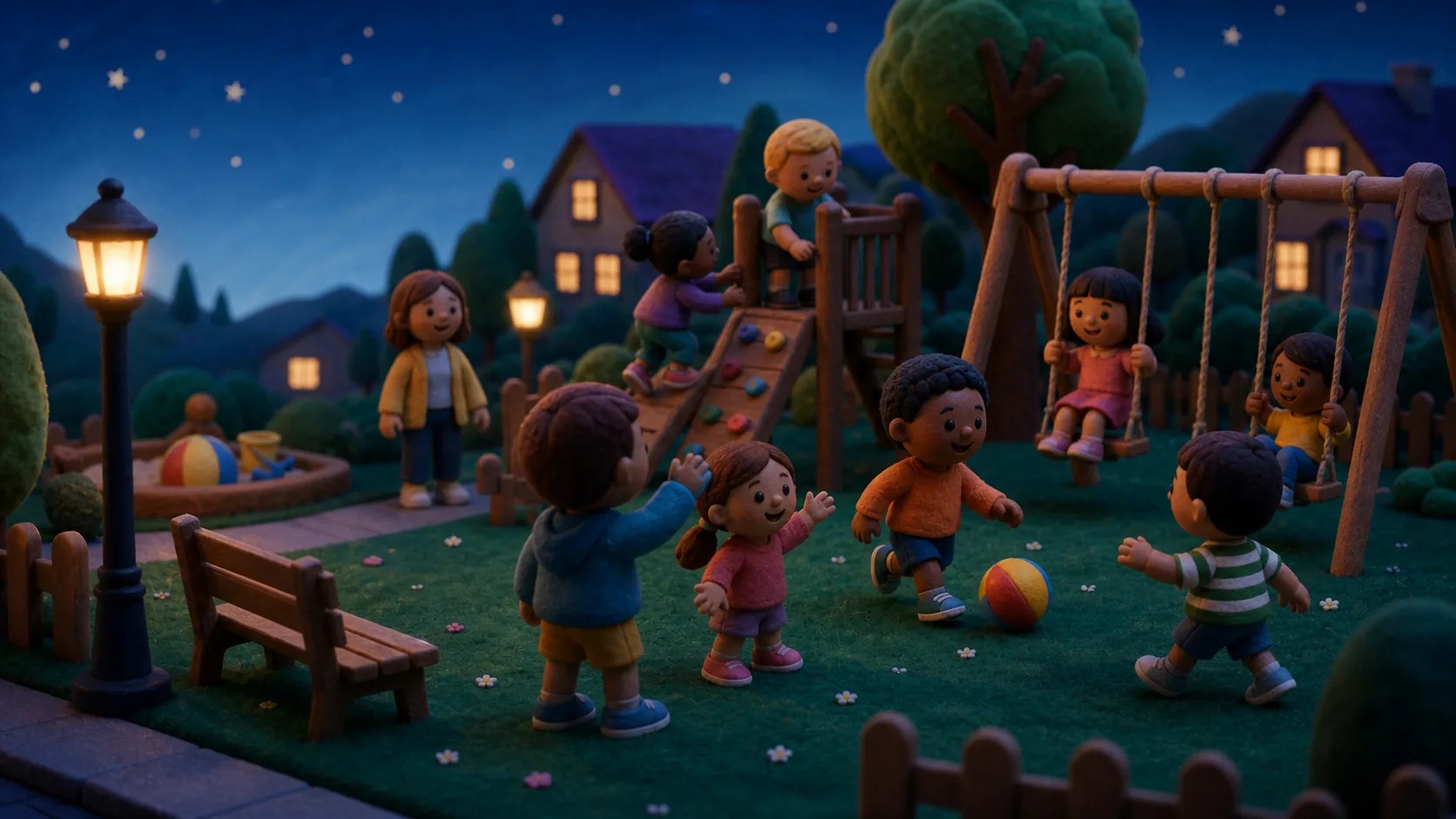 Illustrated children playing together in the LM Kids neighborhood park and playground.