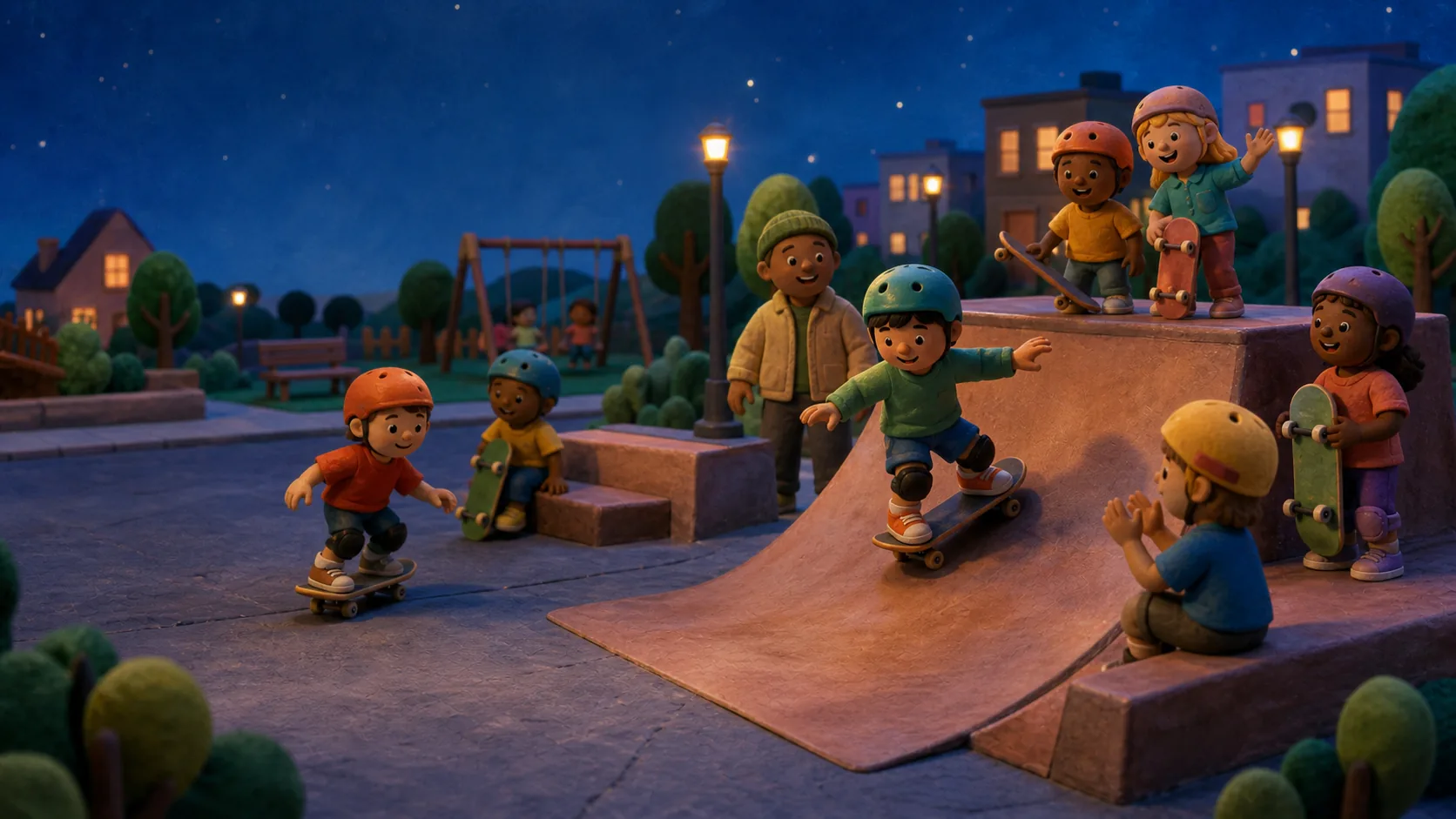 Illustrated children encouraging one another while learning to skateboard in the LM Kids neighborhood.